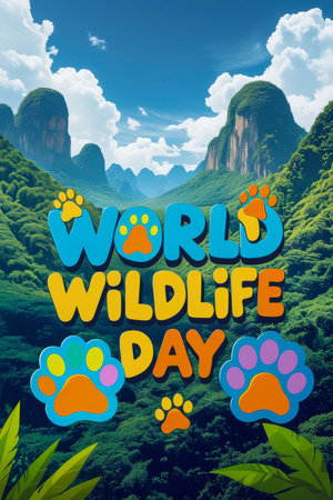 AI Generative Greeting card for the international holiday World Wildlife Day, protection of nature, flora and faunaの素材
