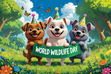 AI Generative Greeting card for the international holiday World Wildlife Day, protection of nature, flora and faunaの素材