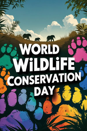 AI Generative Greeting card for the international holiday World Wildlife Day, protection of nature, flora and faunaの素材