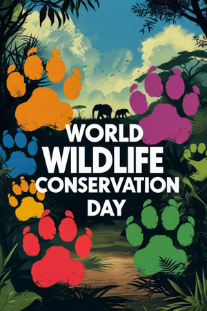 AI Generative Greeting card for the international holiday World Wildlife Day, protection of nature, flora and faunaの素材