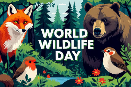 AI Generative Greeting card for the international holiday World Wildlife Day, protection of nature, flora and faunaの素材