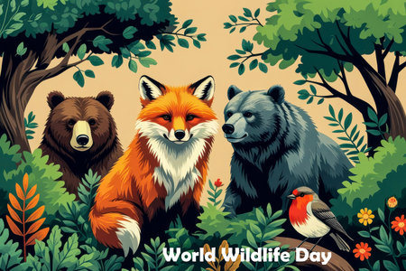 AI Generative Greeting card for the international holiday World Wildlife Day, protection of nature, flora and faunaの素材