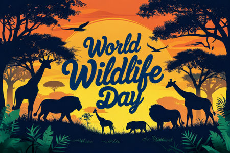 AI Generative Greeting card for the international holiday World Wildlife Day, protection of nature, flora and faunaの素材