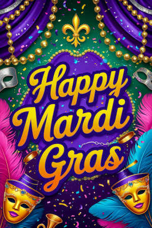 AI Generative Greeting card invitation to the traditional festival parade with music and costumes Mardi Grasの素材