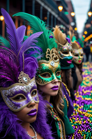AI Generative People have fun at party traditional festival parade with music and costumes Mardi Grasの素材