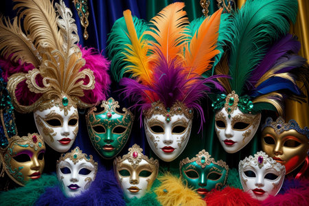 AI Generative Colorful Carnival Masks, celebration tradition Mardi Gras Festival parade Backgroundの素材