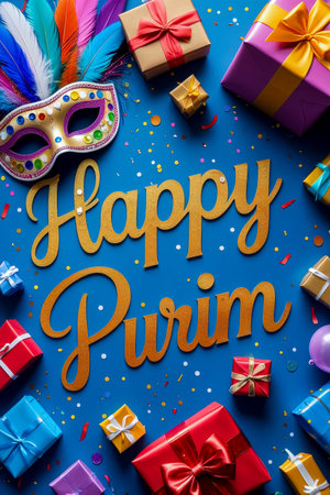 AI Generative Greeting Card postcard Invitation to the Traditional Jewish Holiday of Purim in Israelの素材