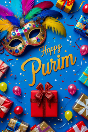 AI Generative Greeting Card postcard Invitation to the Traditional Jewish Holiday of Purim in Israelの素材