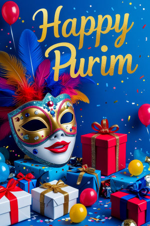 AI Generative Greeting Card postcard Invitation to the Traditional Jewish Holiday of Purim in Israelの素材