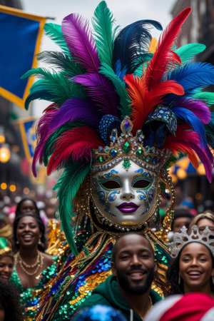 AI Generative Carnival decorated floats ride down the street in parade party traditional Mardi Grasの素材