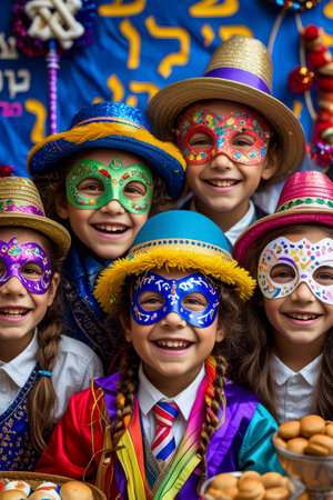 AI Generative Jew children in carnival costumes celebrating the traditional Jewish holiday of Purim in Israelの素材