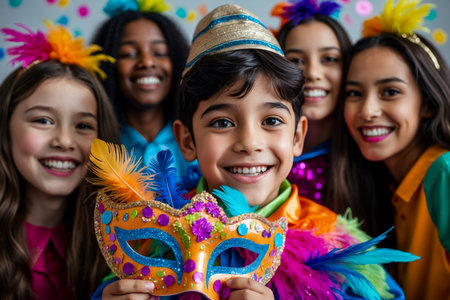 AI Generative Jew children in carnival costumes celebrating the traditional Jewish holiday of Purim in Israelの素材