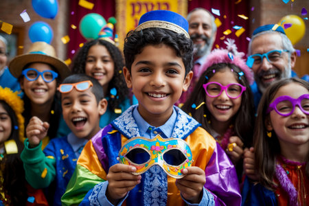 AI Generative Jew children in carnival costumes celebrating the traditional Jewish holiday of Purim in Israelの素材