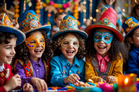 AI Generative Jew children in carnival costumes celebrating the traditional Jewish holiday of Purim in Israelの素材