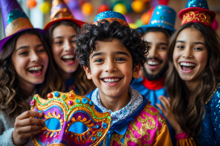 AI Generative Jew children in carnival costumes celebrating the traditional Jewish holiday of Purim in Israelの素材