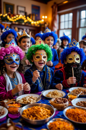 AI Generative Jew children in carnival costumes celebrating the traditional Jewish holiday of Purim in Israelの素材