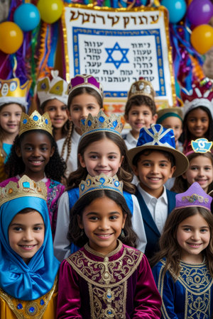 AI Generative Jew children in carnival costumes celebrating the traditional Jewish holiday of Purim in Israelの素材