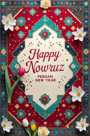 AI Generative Greeting Card postcard on the Traditional Persian New Year Holiday of Nowruz in Iran springの素材