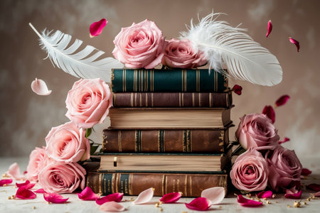 AI Generative Still life of old books, pink roses and feathers for writing, background for World Poetry Dayの素材