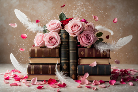 AI Generative Still life of old books, pink roses and feathers for writing, background for World Poetry Dayの素材