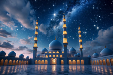 AI Generative Islamic Muslim mosque on night starry sky, background for Laylat al-Qadr postcard cardの素材
