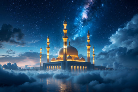 AI Generative Islamic Muslim mosque on night starry sky, background for Laylat al-Qadr postcard cardの素材