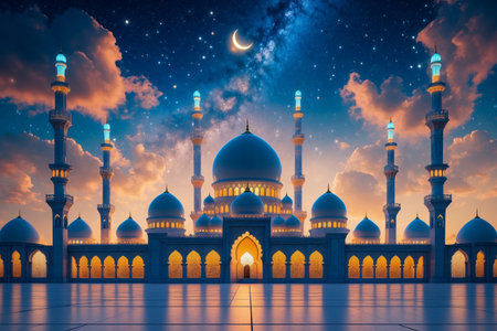 AI Generative Islamic Muslim mosque on night starry sky, background for Laylat al-Qadr postcard cardの素材