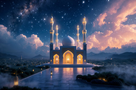 AI Generative Islamic Muslim mosque on night starry sky, background for Laylat al-Qadr postcard cardの素材