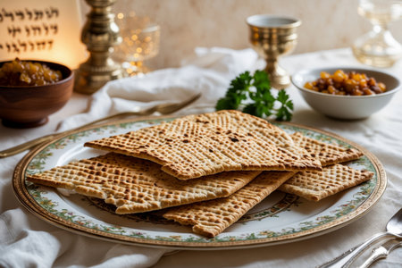 AI Generative Jewish matzah dinner table for the traditional Passover Pesach holiday in Israelの素材