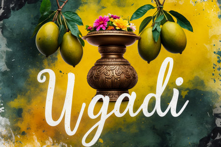 AI Generative Greeting card Ugadi Yugadi New Year traditional holiday on the first day of the month of Chaitraの素材