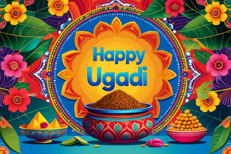 AI Generative Greeting card Ugadi Yugadi New Year traditional holiday on the first day of the month of Chaitraの素材