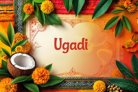 AI Generative Greeting card Ugadi Yugadi New Year traditional holiday on the first day of the month of Chaitraの素材
