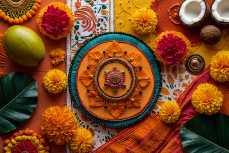 AI Generative Still life of traditional food, candles and flowers card Ugadi Yugadi New Year holidayの素材