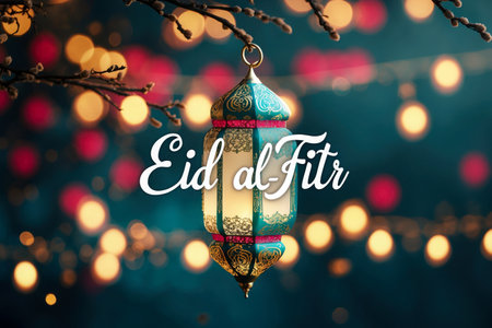 AI Generative Greeting Card with Traditional Muslim Islamic Holiday Eid al-Fitr with Creeds symbol of faithの素材