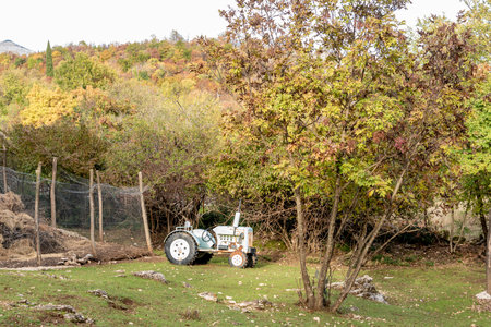 Old rusty tractor for sowing grain in the field farm stands on farmland agriculturalの写真素材