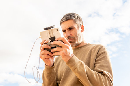 Man drone operator controls the UAV remotely from the control remote panel, photography and videography shooting from the skyの写真素材