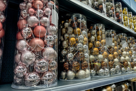 Bar, Montenegro, 20 November 2025, Christmas souvenirs, New Year decorations for sale in supermarketのeditorial素材