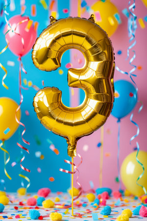 AI Generative Helium birthday balloon in the shape of the number three, golden letter figure 3 on festive celebration backgroundの素材