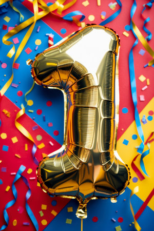 AI Generative Helium birthday balloon in the shape of the number one, golden letter figure 1 on festive celebration backgroundの素材