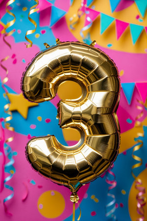AI Generative Helium birthday balloon in the shape of the number three, golden letter figure 3 on festive celebration backgroundの素材