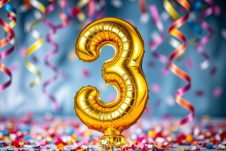 AI Generative Helium birthday balloon in the shape of the number three, golden letter figure 3 on festive celebration backgroundの素材