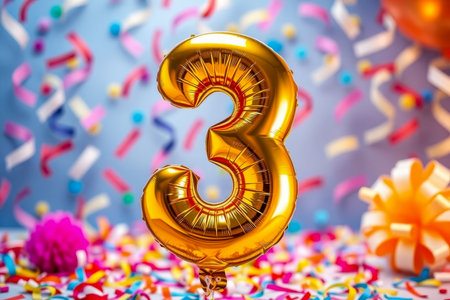 AI Generative Helium birthday balloon in the shape of the number three, golden letter figure 3 on festive celebration backgroundの素材