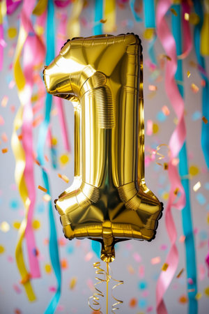 AI Generative Helium birthday balloon in the shape of the number one, golden letter figure 1 on festive celebration backgroundの素材