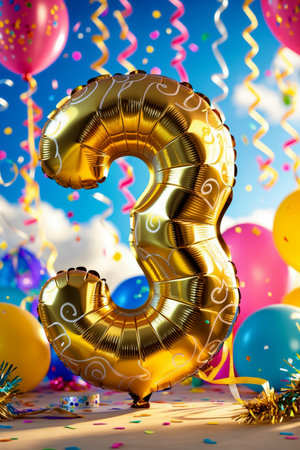 AI Generative Helium birthday balloon in the shape of the number three, golden letter figure 3 on festive celebration backgroundの素材