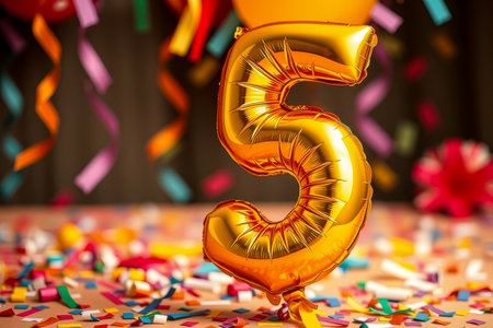 AI Generative Helium birthday balloon in the shape of the number five, golden letter figure 5 on festive celebration backgroundの素材