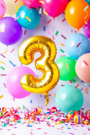 AI Generative Helium birthday balloon in the shape of the number three, golden letter figure 3 on festive celebration backgroundの素材