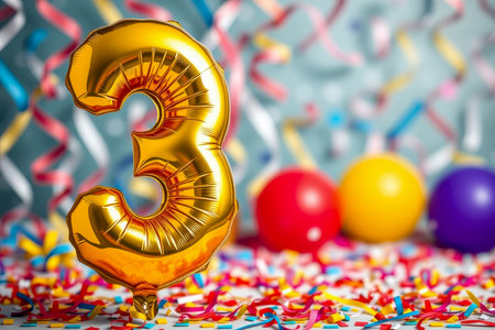 AI Generative Helium birthday balloon in the shape of the number three, golden letter figure 3 on festive celebration backgroundの素材