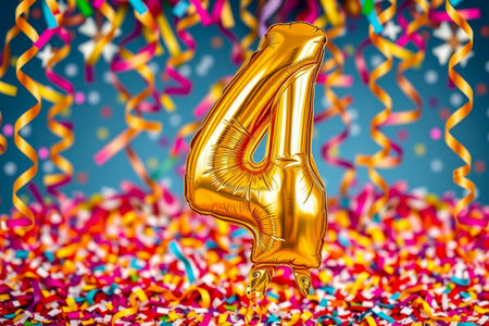 AI Generative Helium birthday balloon in the shape of the number four, golden letter figure 4 on festive celebration backgroundの素材