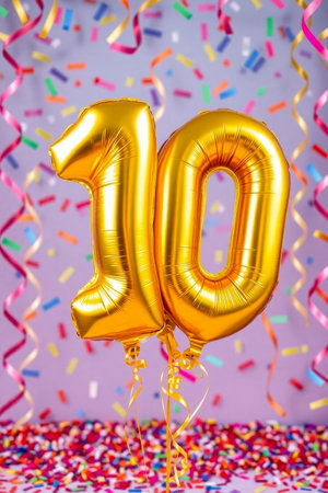 AI Generative Helium birthday balloon in the shape of the number ten, golden letter figure 10 on festive celebration backgroundの素材