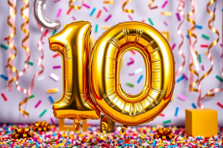 AI Generative Helium birthday balloon in the shape of the number ten, golden letter figure 10 on festive celebration backgroundの素材